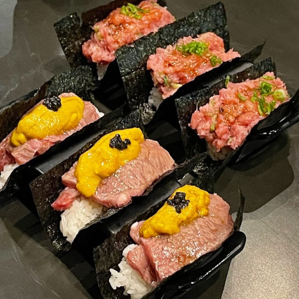 Hachi sushi & omakase features six pieces of sushi, three with tuna and three with beef and uni.